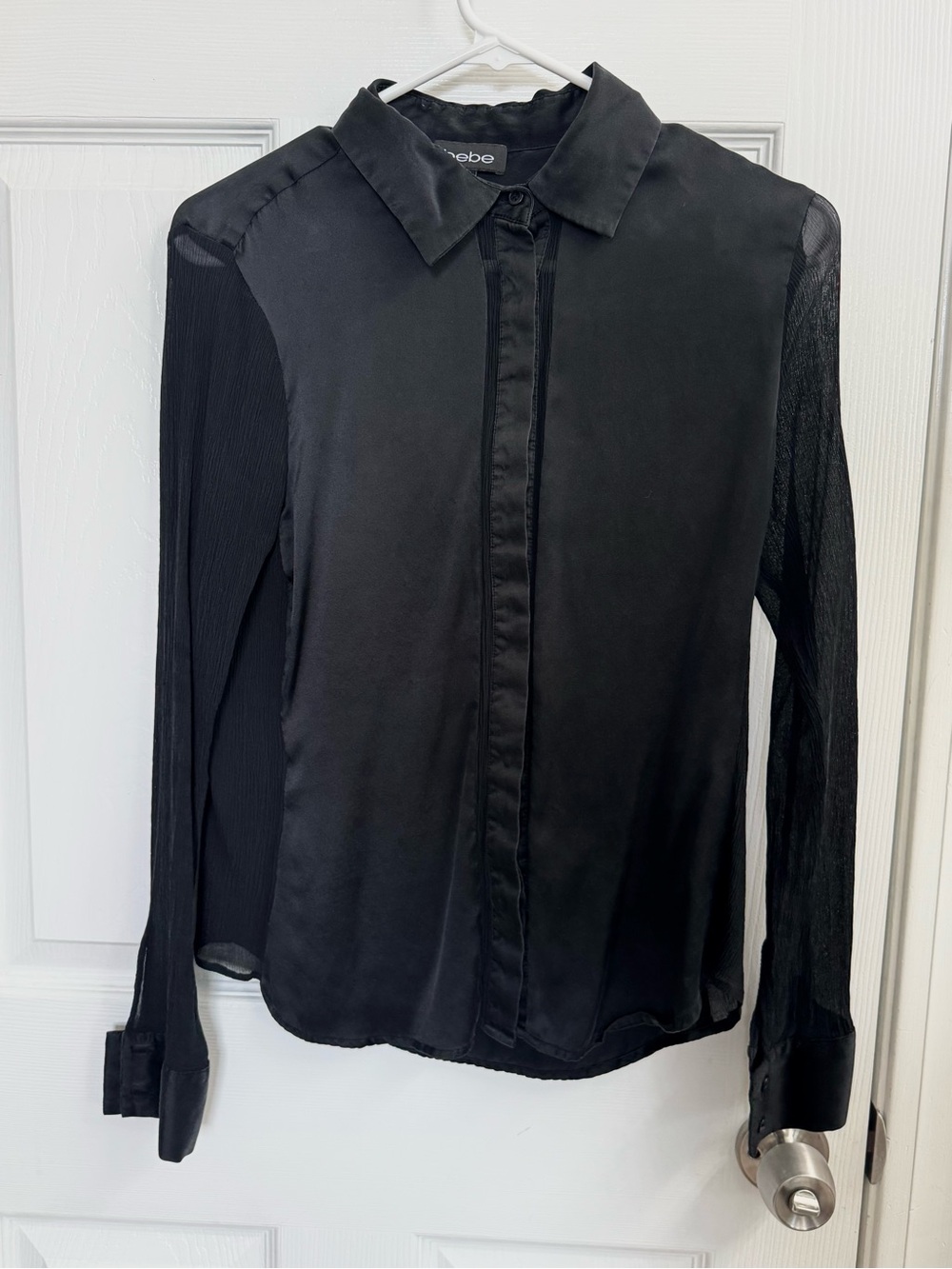 BEBE Silk Black Sheer-Sleeve Button Down Shirt
